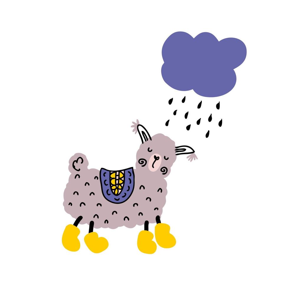 llama dibujada a mano con botas amarillas caminando bajo la lluvia. vector