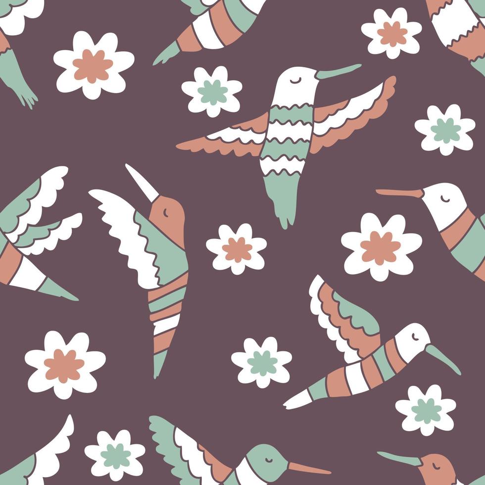 Doodle hummingbirds and flowers summer seamless pattern. vector