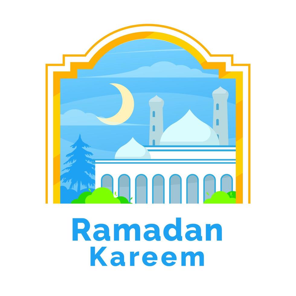 view of mosque on a sunny day, ramadan kareem background with frame for social media template flat design illustration vector eps10. simple, clean, elegant, and modern style