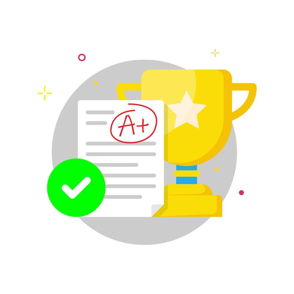 trophy and exam paper pass with good grade a plus sign concept illustration flat design vector eps10. modern graphic element for landing page, empty state ui, infographic, icon, etc