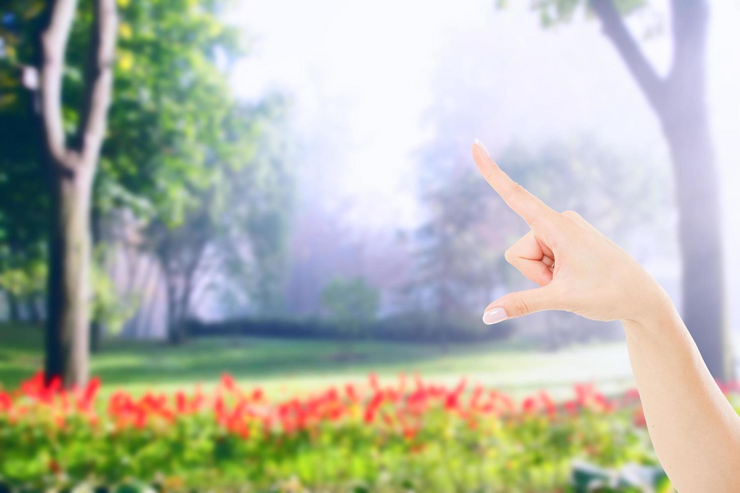 pointing female hand on blurred garden or park background, mock up photo