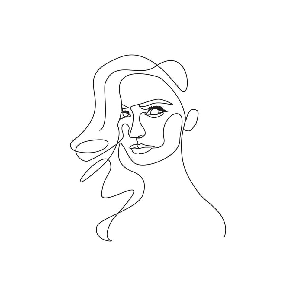 Continuous line drawing of beautiful girl face. Single one line art of attractive young woman portrait female beauty concept. Black and white vector illustration