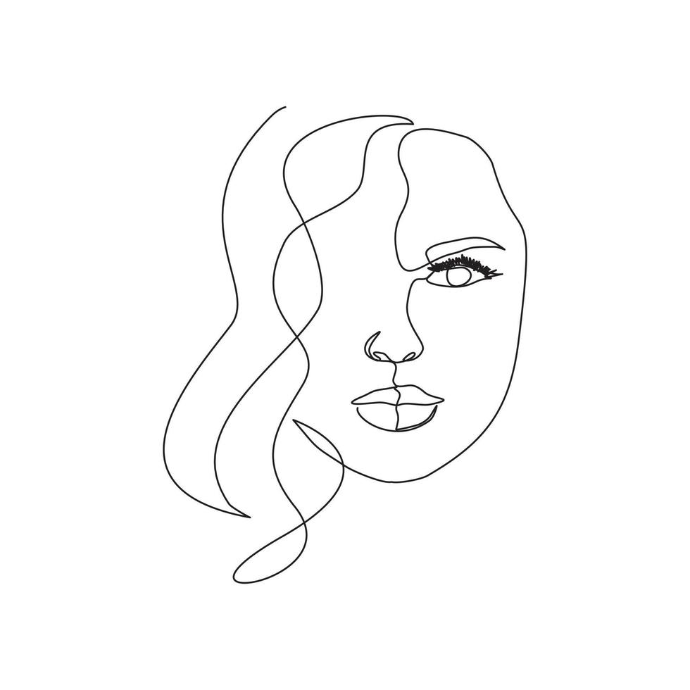 Continuous line drawing of beautiful girl face. Single one line art of attractive young woman portrait female beauty concept. Black and white vector illustration