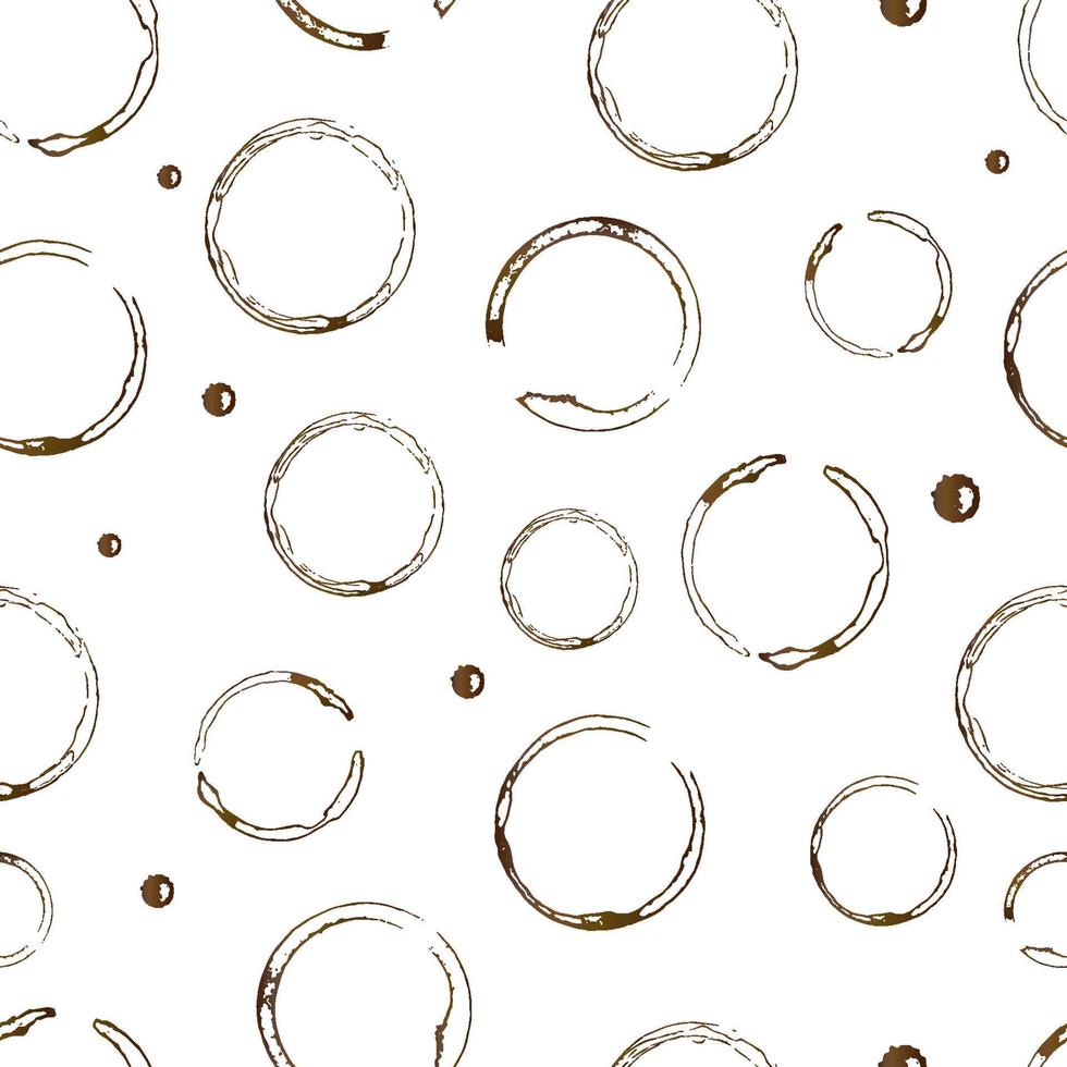 Coffee stains and drops on white seamless pattern. Brown shape of coffee cup bottom rings and splashes isolated on white. Grunge circles and splatter. Vector background for cafe or restaurant menu