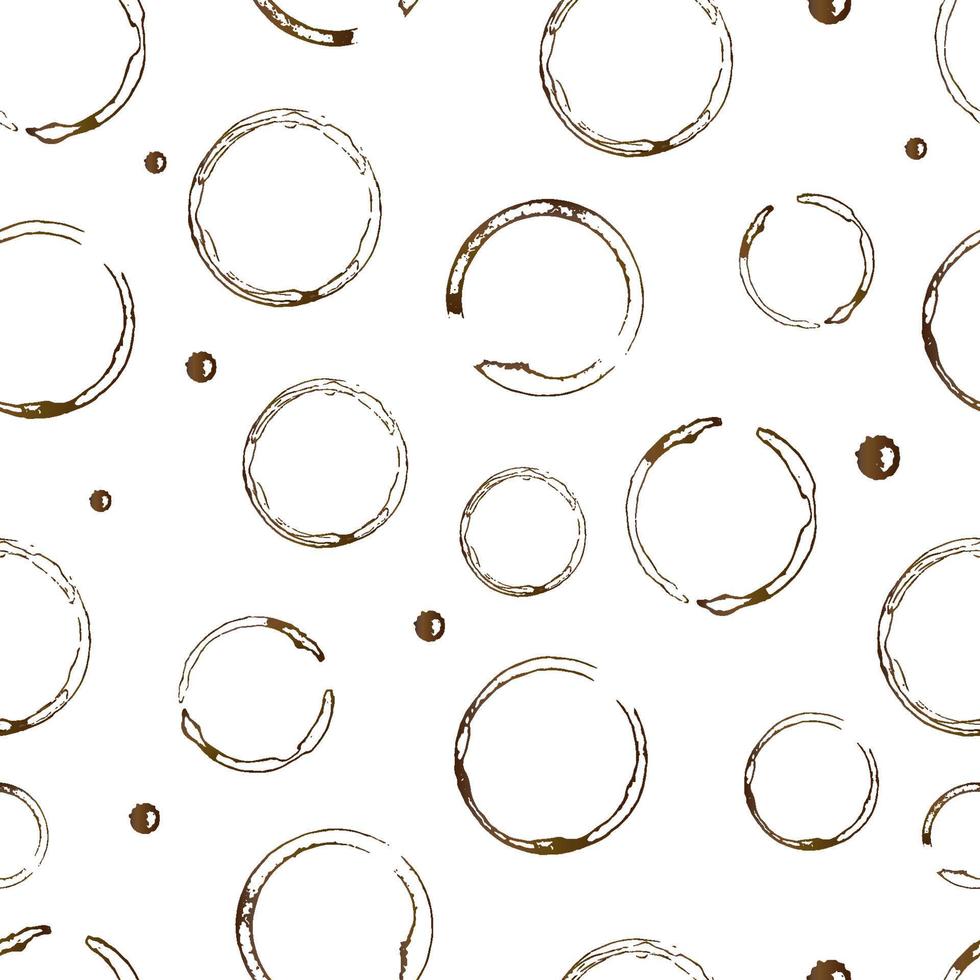 manchas de café y gotas en blanco de patrones sin fisuras. forma marrón de anillos inferiores de la taza de café y salpicaduras aisladas en blanco. círculos grunge y salpicaduras. vector de fondo para el menú de cafetería o restaurante