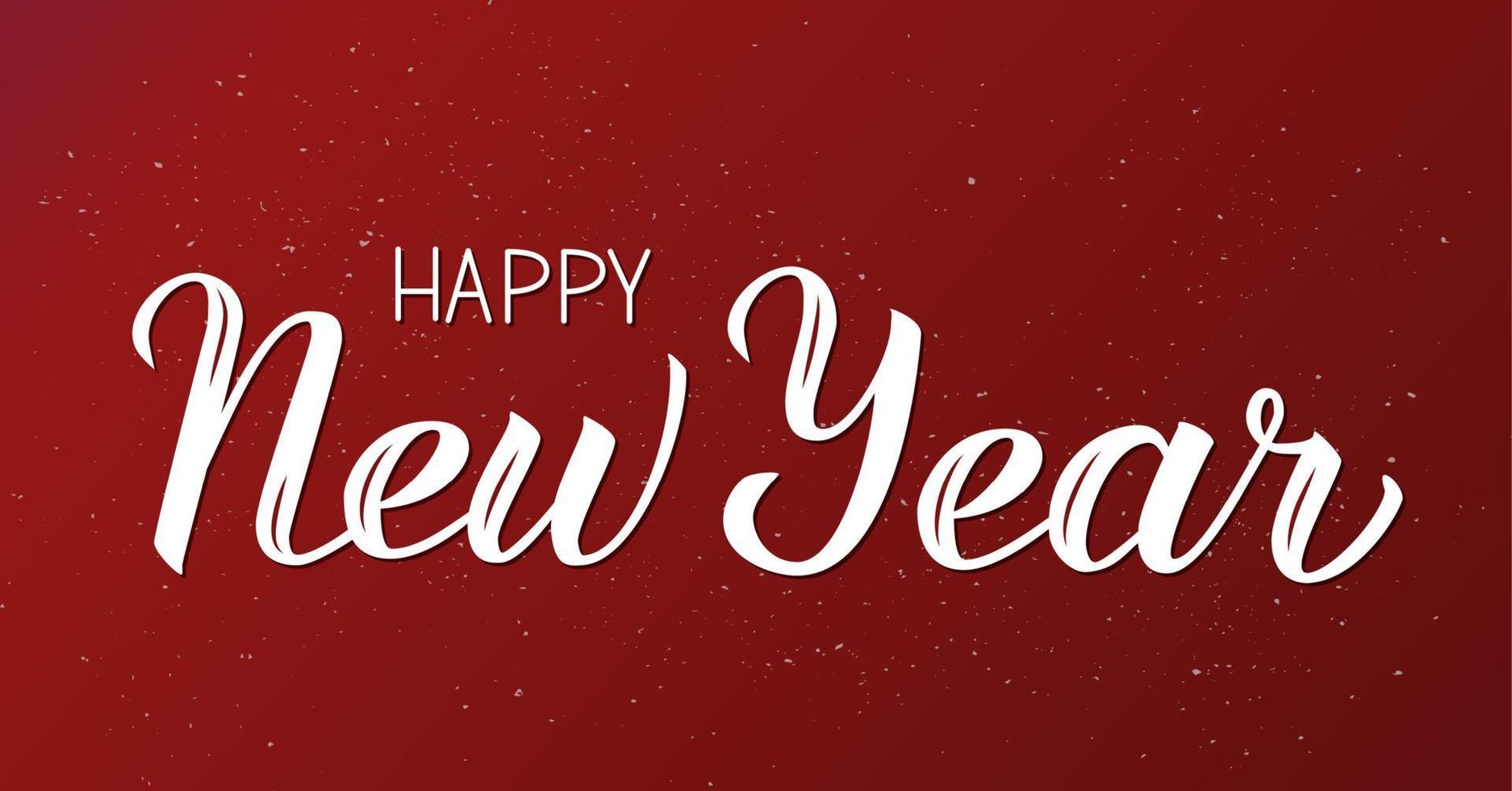 Happy New Year writing on red background with snowfall. Calligraphy hand lettering. Holidays quote vector illustration.
