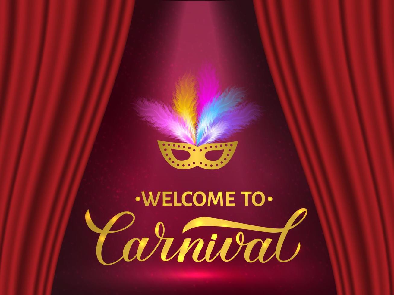 Bienvenido a las letras doradas de carnaval con máscara y pluma sobre fondo brillante. plantilla fácil de editar para carteles de fiestas de disfraces, pancartas, volantes, invitaciones, logotipos, tarjetas. ilustración vectorial. vector