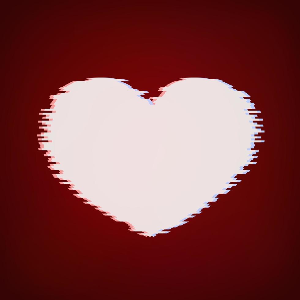 White heart with glitch effect on a dark red background. Valentine s day greeting card. Symbol of love vector illustration. Easy to edit design template.