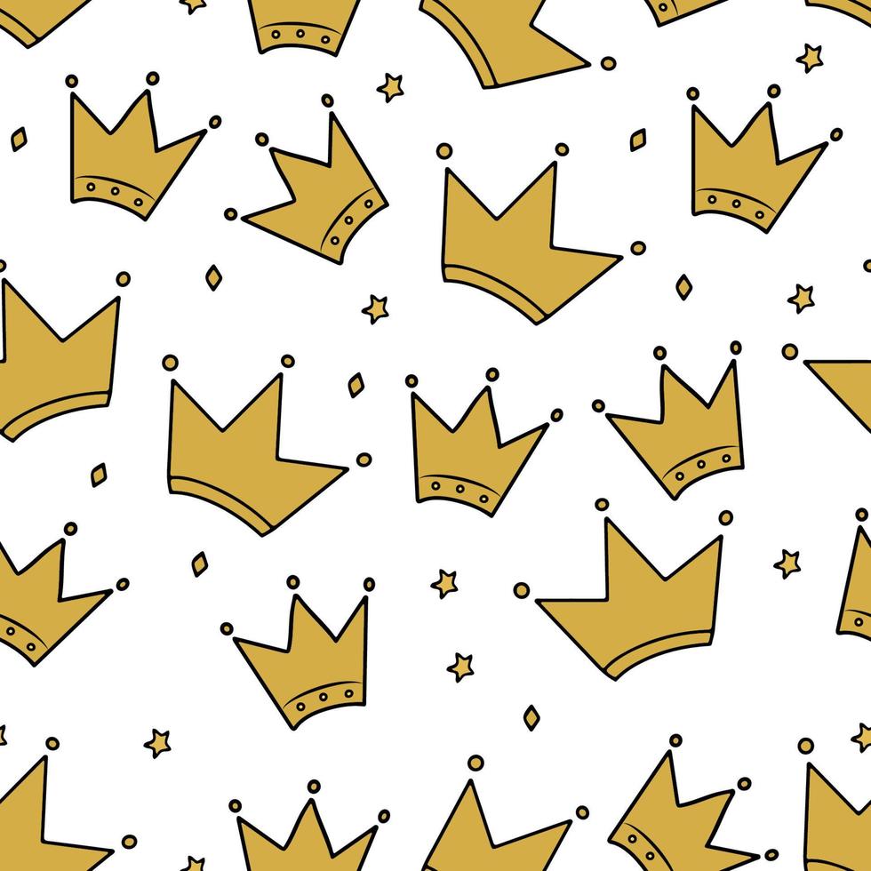 Hand drawn gold crown and stars seamless pattern. Little princess, luxury and glamour theme vector background. Easy to edit template for fabric, textile, wrapping paper, etc