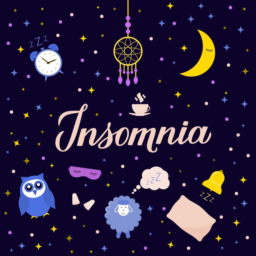 insomnio caligrafía moderna letras a mano. problemas de sueño e ilustración de vector de concepto de insomnio. alarma, cama, almohada, tapón para los oídos, taza, atrapasueños, antifaz para dormir, búho, objetos planos de oveja.