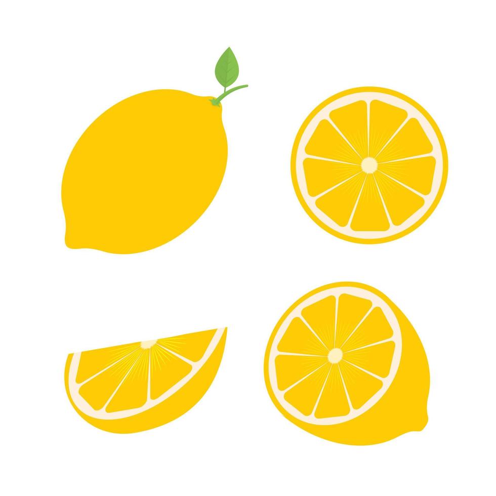 Set of four fresh lemons different views whole, half, slice. Natural organic fruits isolated on white background. Flat vector illustration. emplate for your design projects.