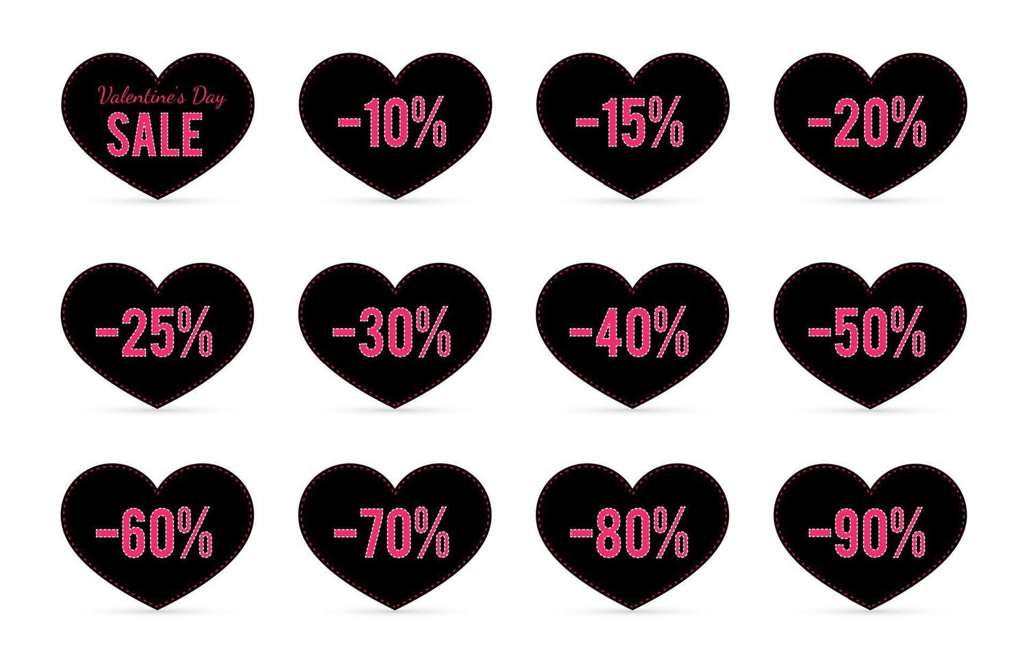 Valentine s day sale tags in the shape of a heart. Special offer discount percent labels. Vector illustration. Easy to edit elements of design for shop advertising and promotion.