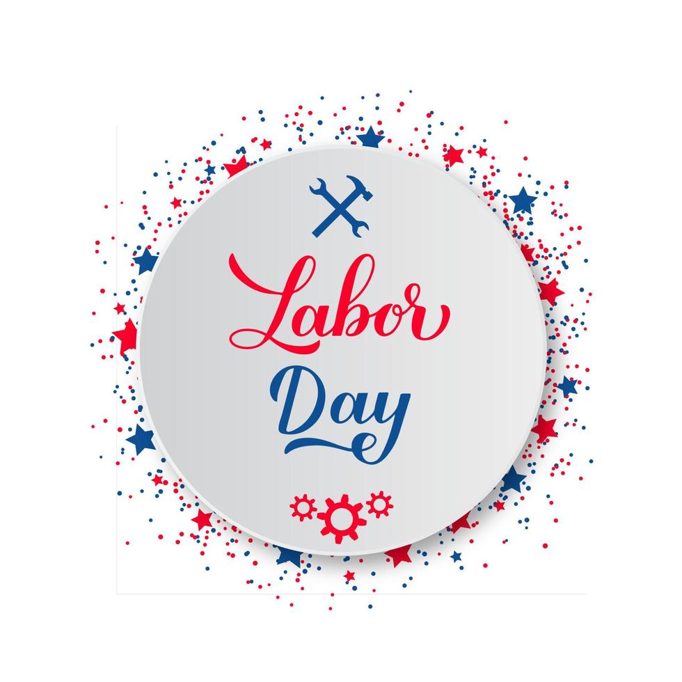 Labor Day calligraphy hand lettering on white paper plate. Easy to edit vector template for typography poster, banner, logo design, flyer, greeting card, postcard, party invitation, etc