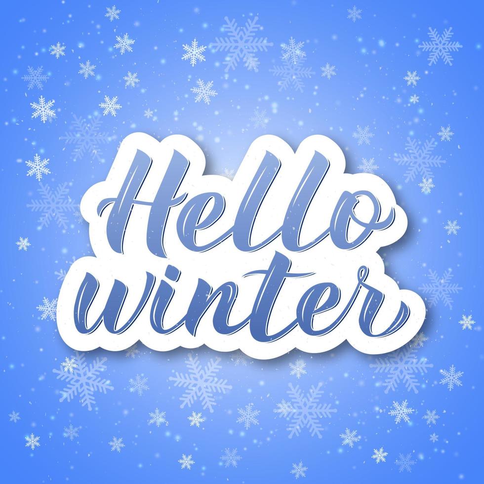 Hello Winter calligraphy lettering. Bright blue background with flying snowflakes. Winter party decorations. Holiday mood vector illustration.