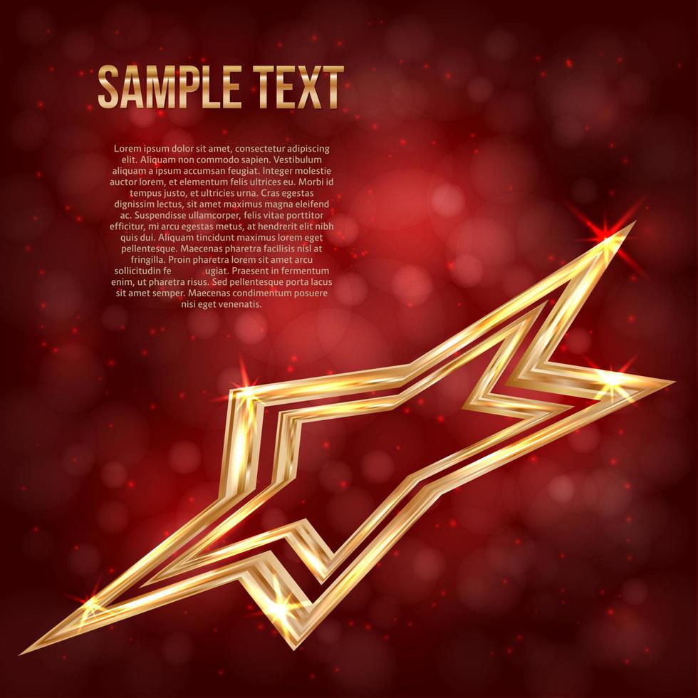 Bright golden star on a red background with bokeh. Luxury gold vector illustration. Disco party banner.