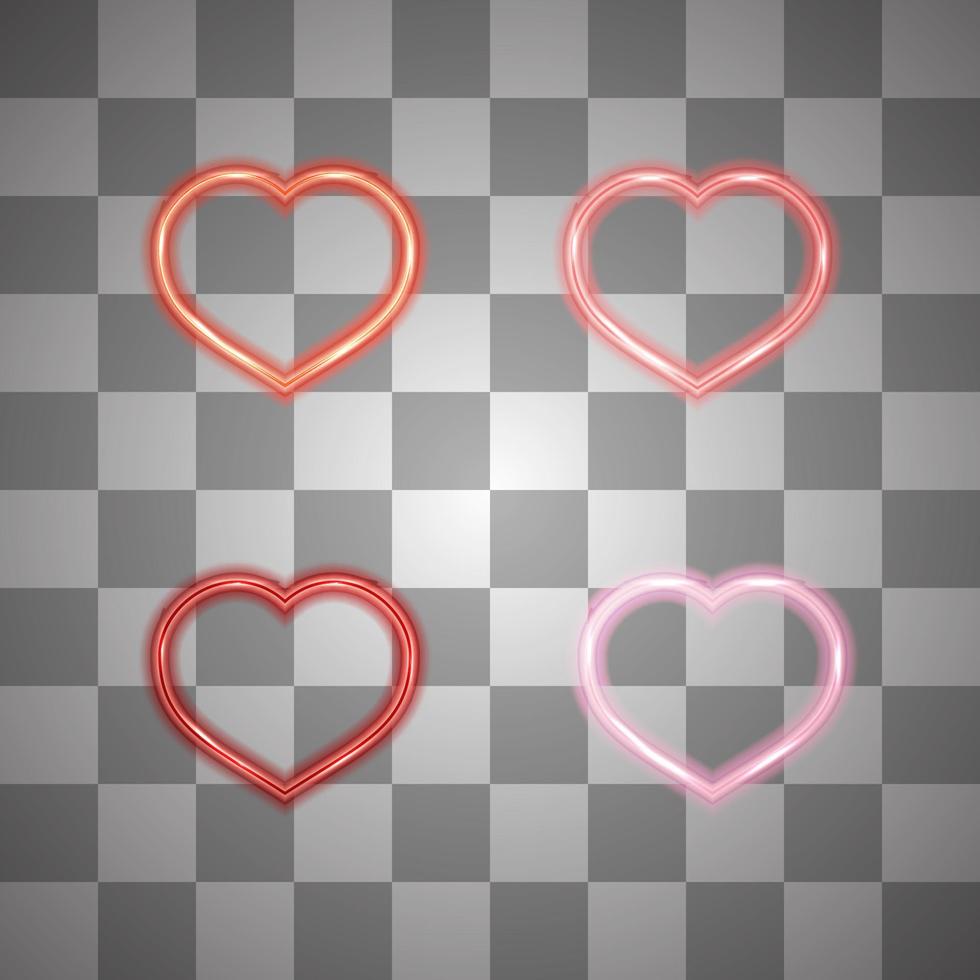 Set of four glowing neon heart. Isolated on transparent. Vector illustration. Easy to edit template for your artworks.