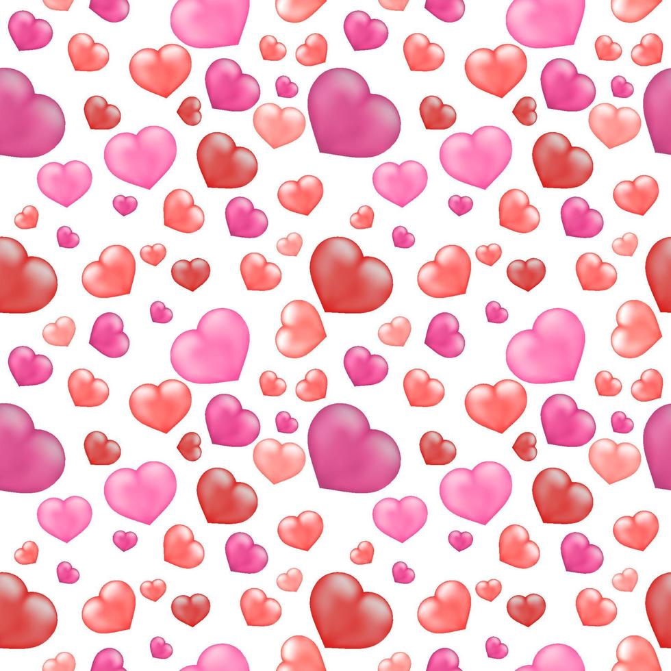 3d Hearts seamless pattern. Red and pink realistic hearts on white background. Easy to edit template for Valentines day theme. Vector illustration.