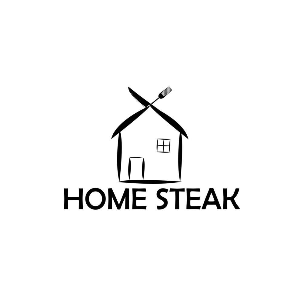 vector illustration of home steak logo design, stamp made like a house with fork roof and knife