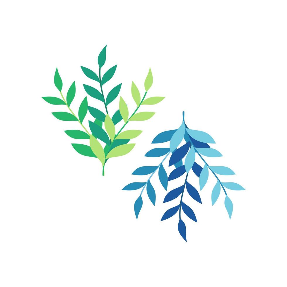 Ilustración de vector de hoja verde y azul en estilo de diseño plano. tema de la naturaleza de la decoración del arte de la planta