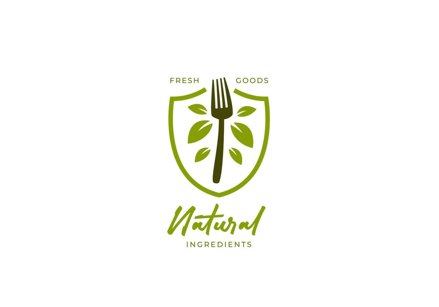 Logotipo de alimentos de ingredientes frescos naturales orgánicos con icono de tenedor y hojas vector