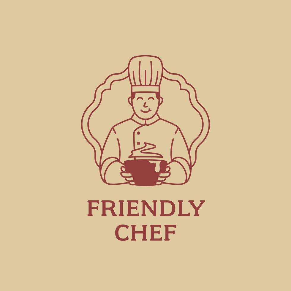 simpático chef mascota sosteniendo sopa logo icono de dibujos animados en monoline estilo culinario legendario vintage vector