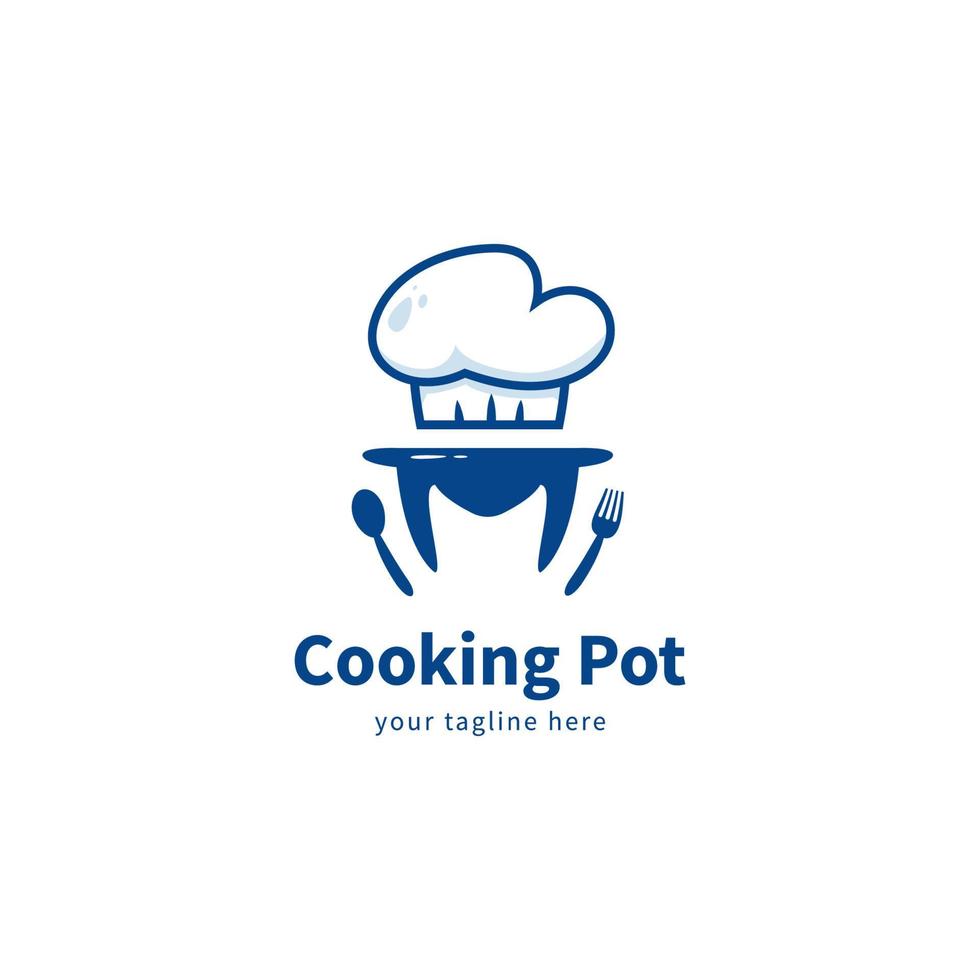 Símbolo de icono de logotipo de olla de cocción de la letra m, olla de cocción en forma de letra m con gorro de cocinero, cuchara y vector de símbolo de icono de tenedor
