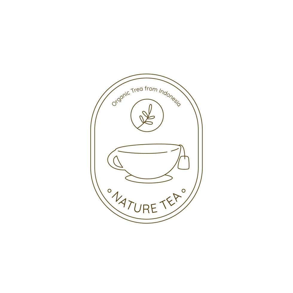 Nature tea logo badge emblem symbol in monoline line art simple minimalistic rustic style with tea cup illustration vector