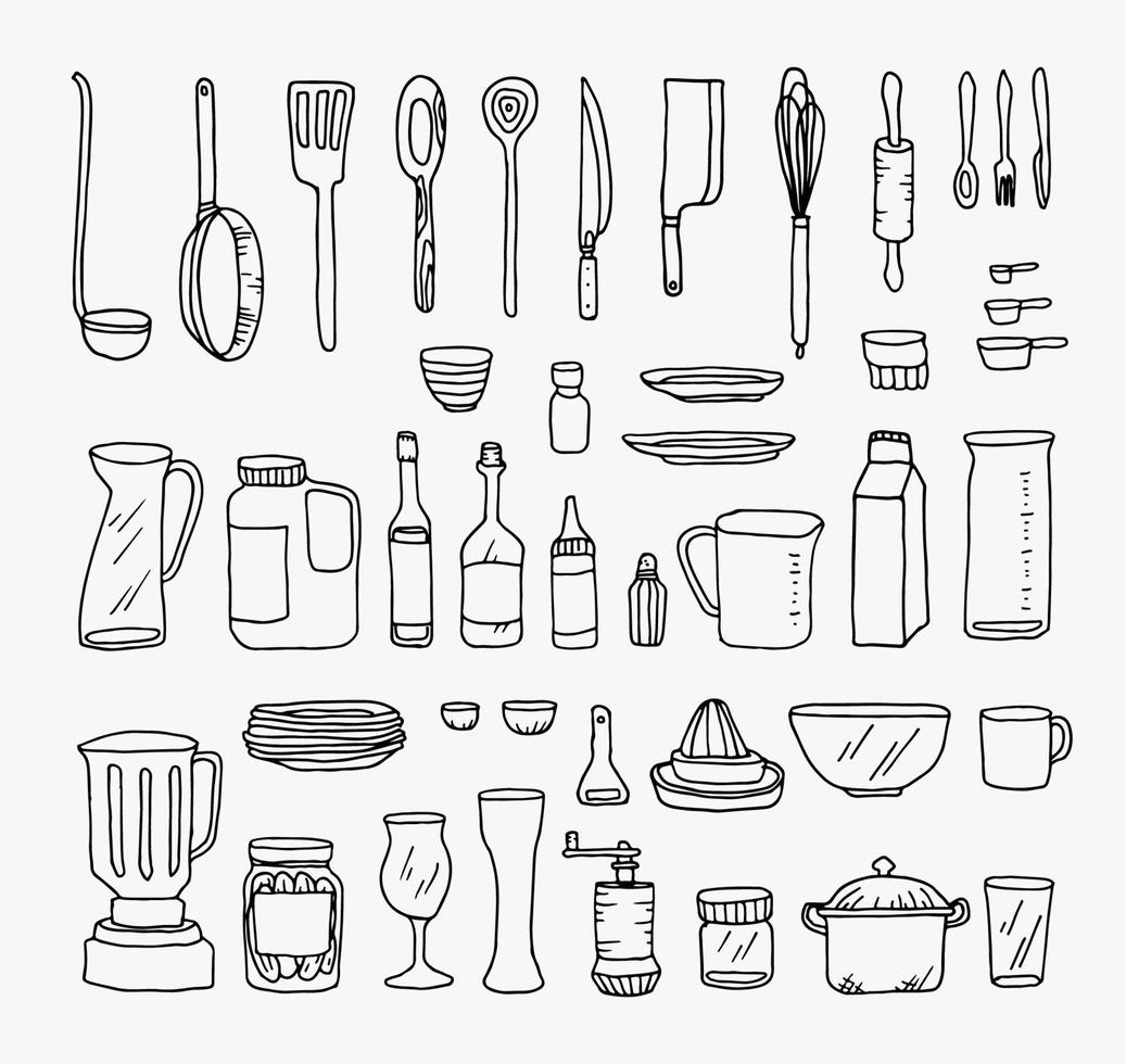 A set of kitchen objects vector line illustration