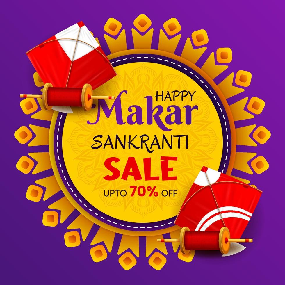 happy makar sankranti sale banner template design with kites illustration vector