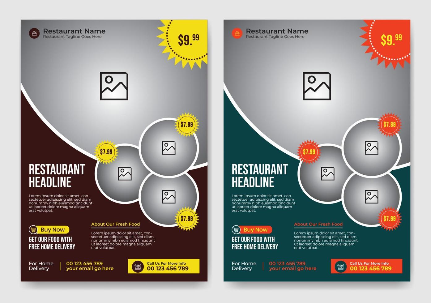 Red, Yellow and Chocolate Color Restaurant Food Flyer Template Design with Rectangle and Circle Layout Vector
