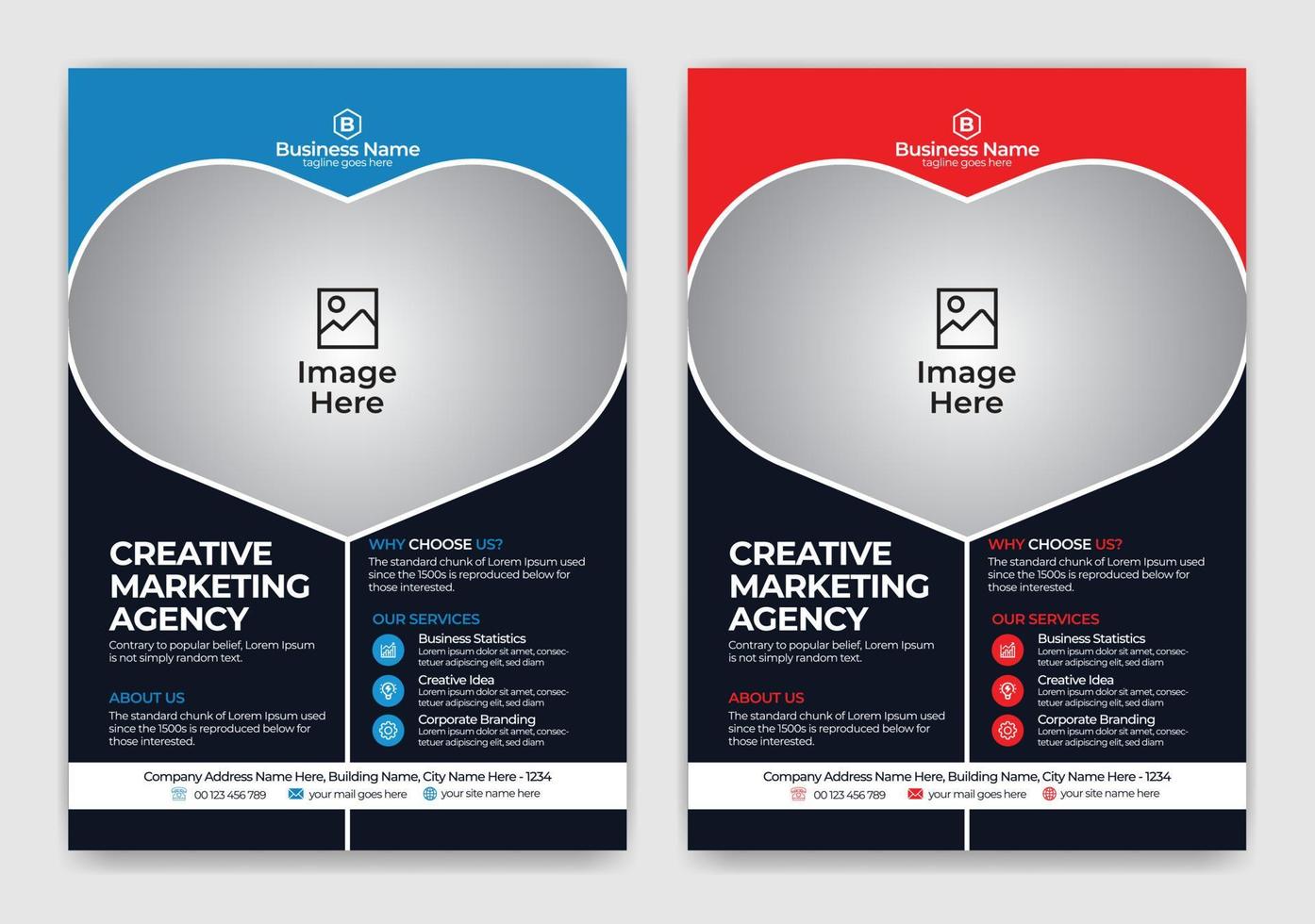 Blue and Red Color Modern, Creative, Eye Catching and Professional Business or Corporate Flyer Template Design with Rectangle, Triangle and Circle Shape Vector
