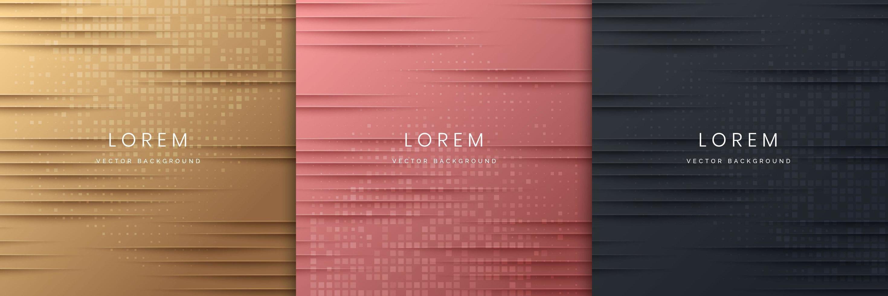 Set of gold, black and rose gold abstract background with horizontal stripe lines and shadow. vector