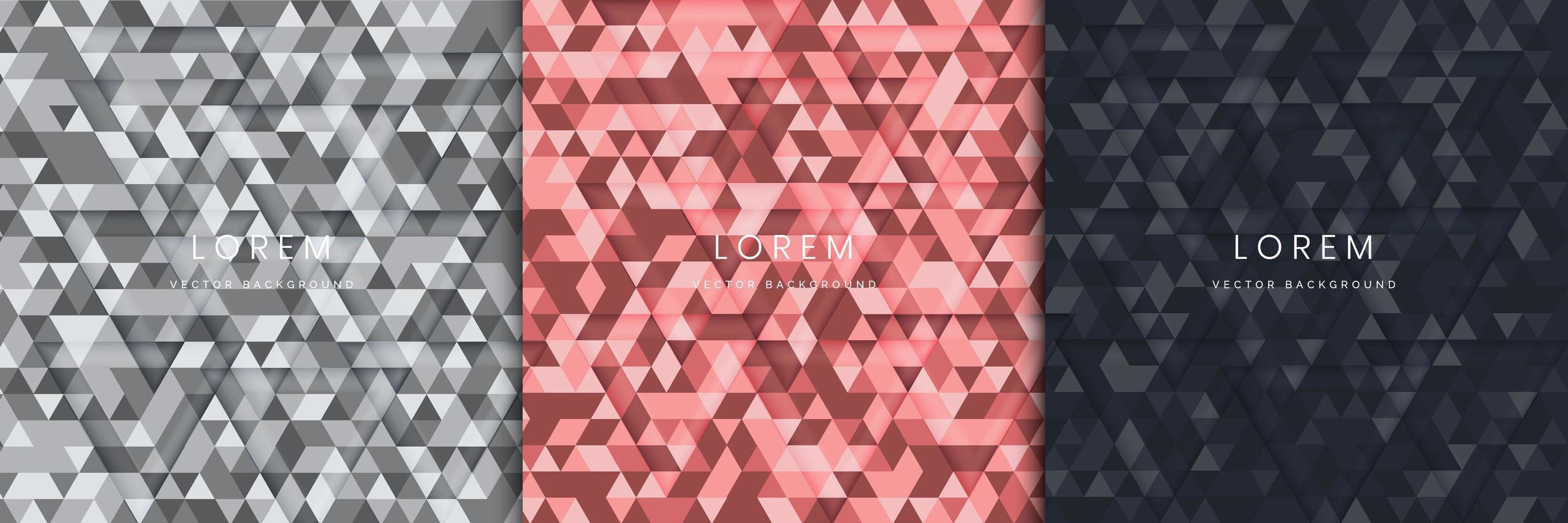 Set of seamless triangles design abstract modern grey, pink gold and drak blue 3D pattern. vector