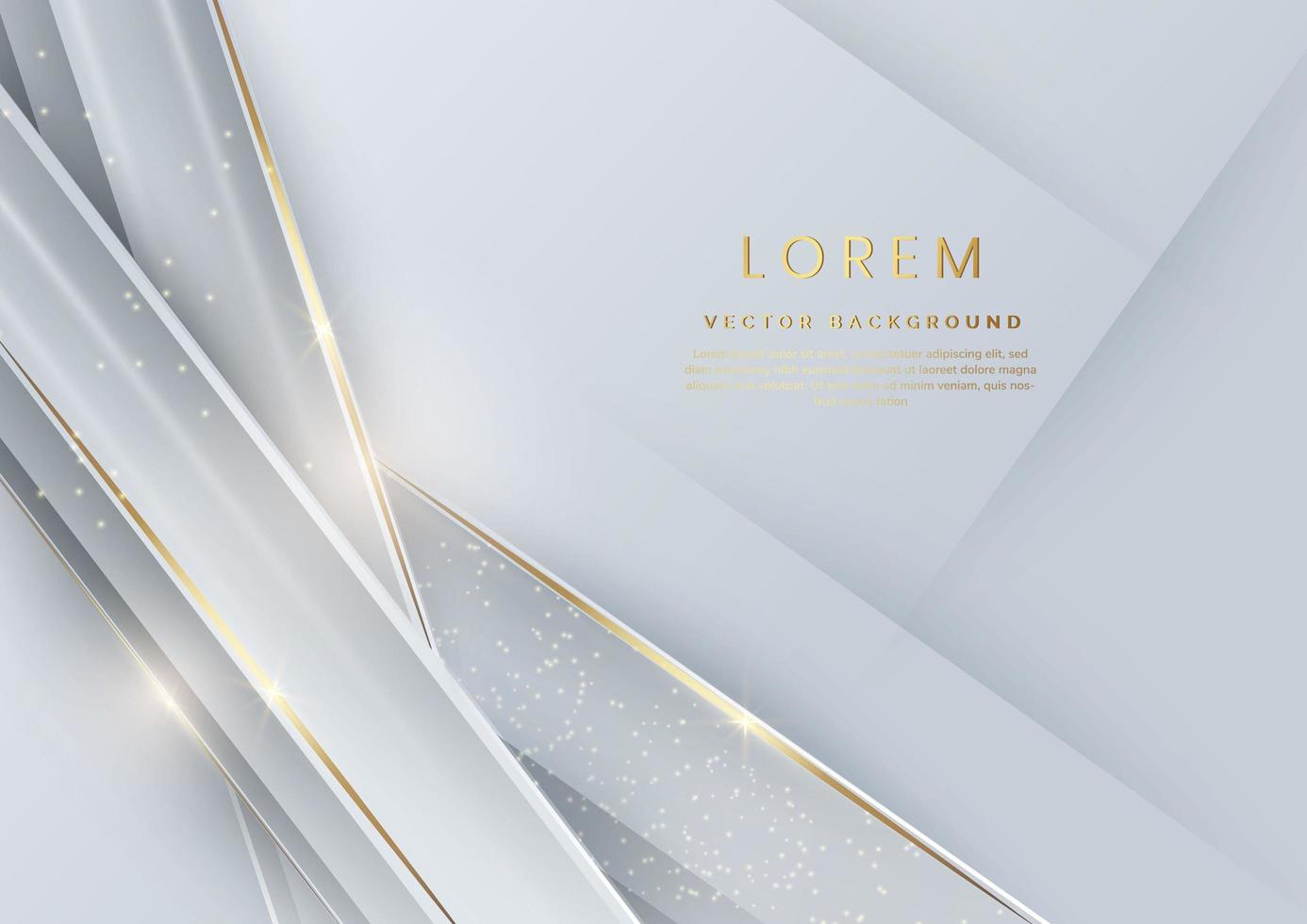 Abstract 3D grey and white luxury geometric diagonal overlapping shiny background with lines golden glowing with copy space for text. vector