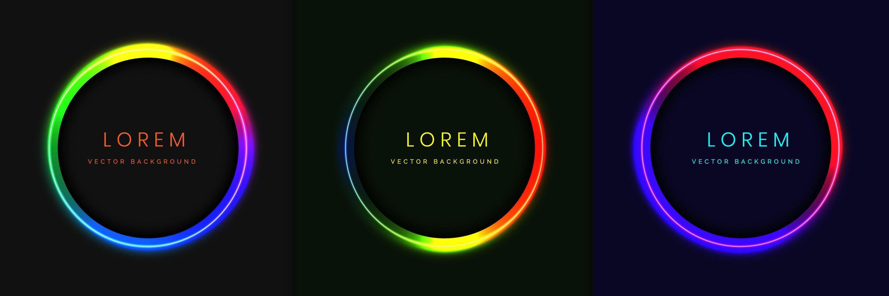 Set of blue, red, green, pink circle neon lighting frame design on dark background with copy space for text. vector
