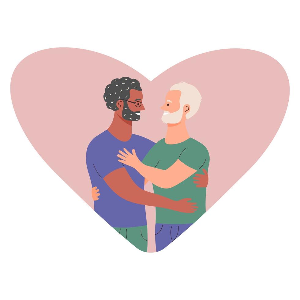 Happy older gay men couple is hugging on the background of heart. vector