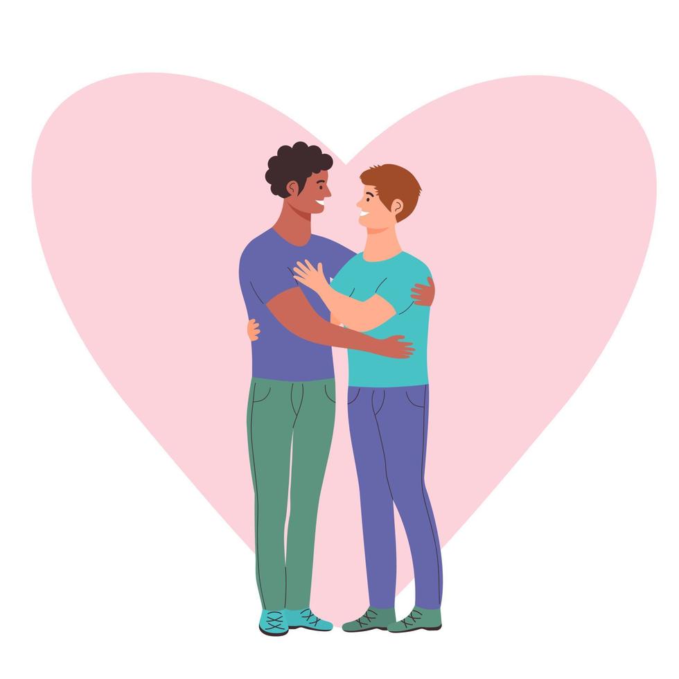 Happy gay men couple is hugging on the background of heart. vector