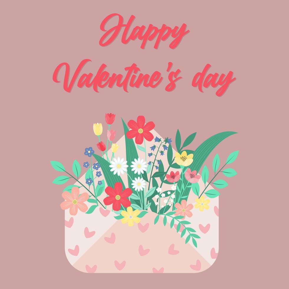 Flowers in an envelope. Floral mail. Happy Valentine's Day text. vector