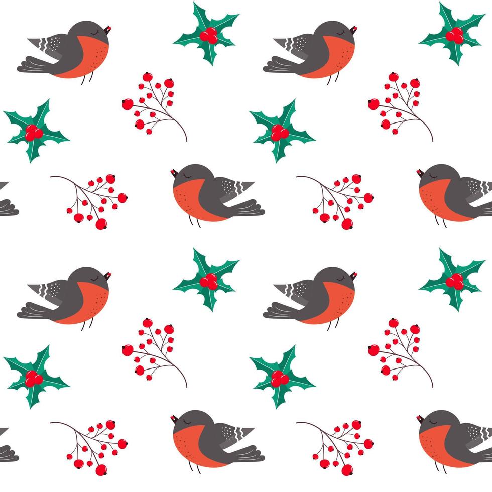 Seamless pattern with bullfinch, holly leaves and sprig of red berries. vector