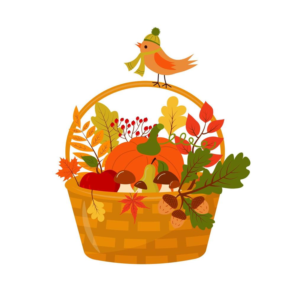 canasta de acción de gracias feliz con calabaza, setas, frutas y hojas. vector