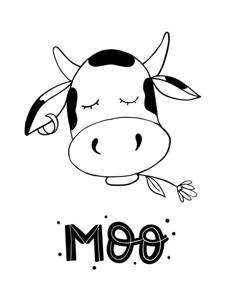 lindo cartel de guardería con vaca dibujada a mano y la palabra 'moo'. bueno para impresiones infantiles, carteles, tarjetas, pegatinas, etc. eps 10 vector