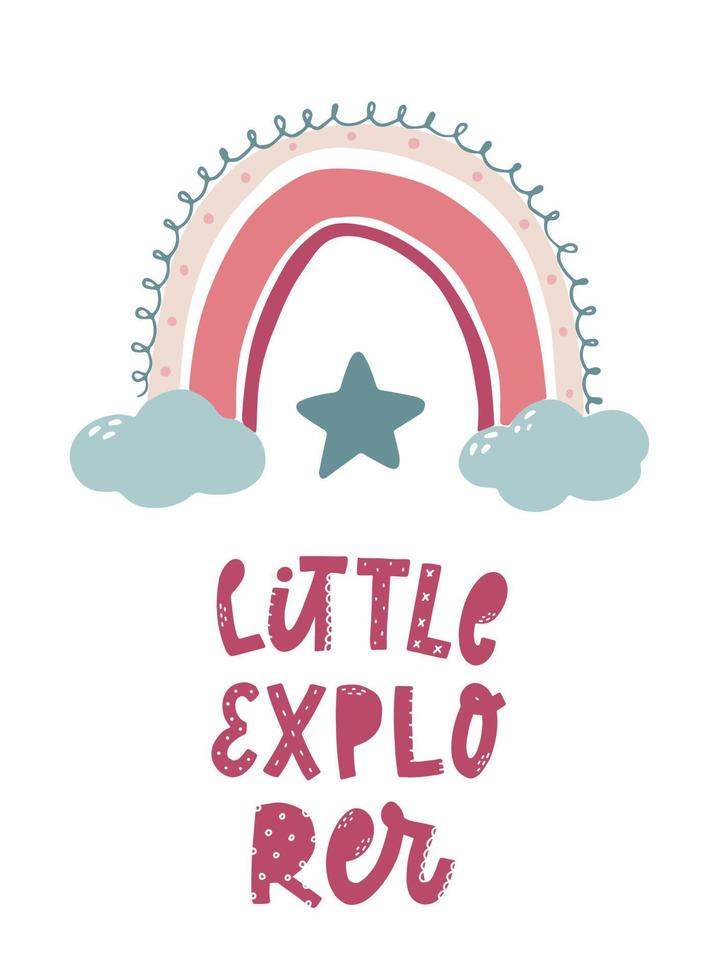 cute hand lettering quote 'Little explorer' decorated with rainbow for nursery posters, prints, greeting cards, kids apparel, sublimation, etc. EPS 10 vector