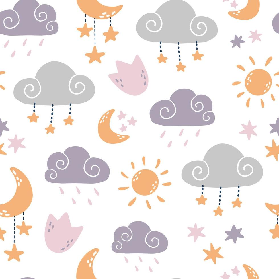 nursery seamless pattern with clouds, moons and stars vector