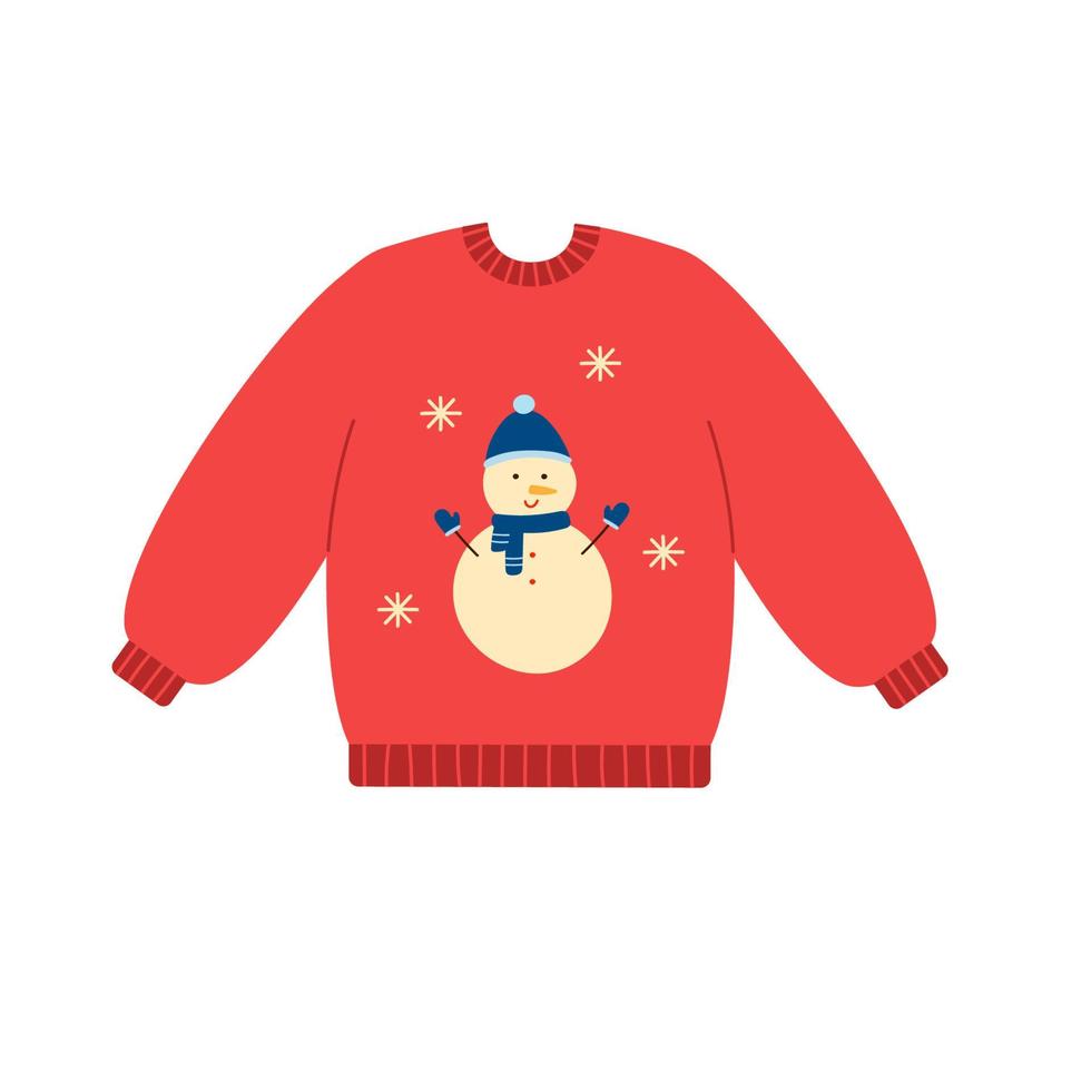 suéter rojo de invierno con lindo muñeco de nieve y copos de nieve. ropa y accesorios. estilo doodle. vector