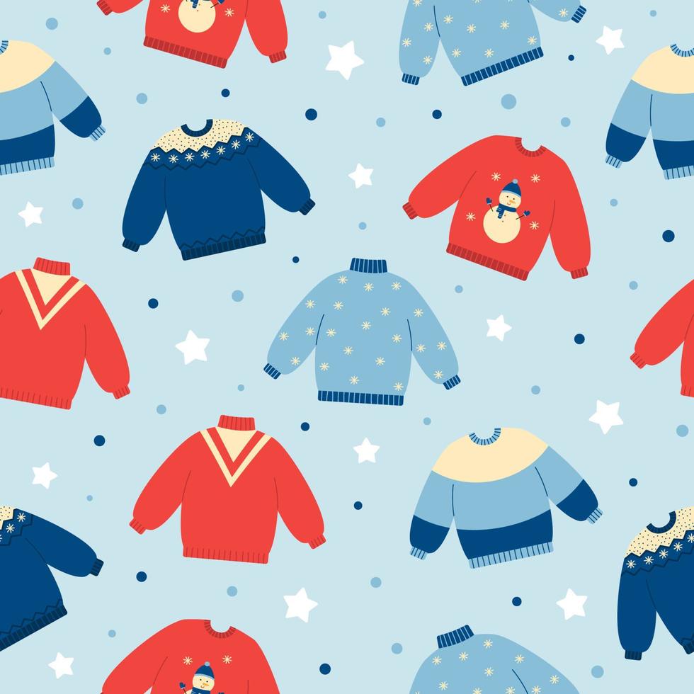 Seamless pattern of warm colorful sweaters  on blue background. Winter or autumn clothing background. Doodle style vector