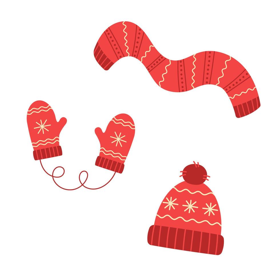 Red winter hat, mittens and scarf. Knit wool beanie with pompom. Doodle style. vector