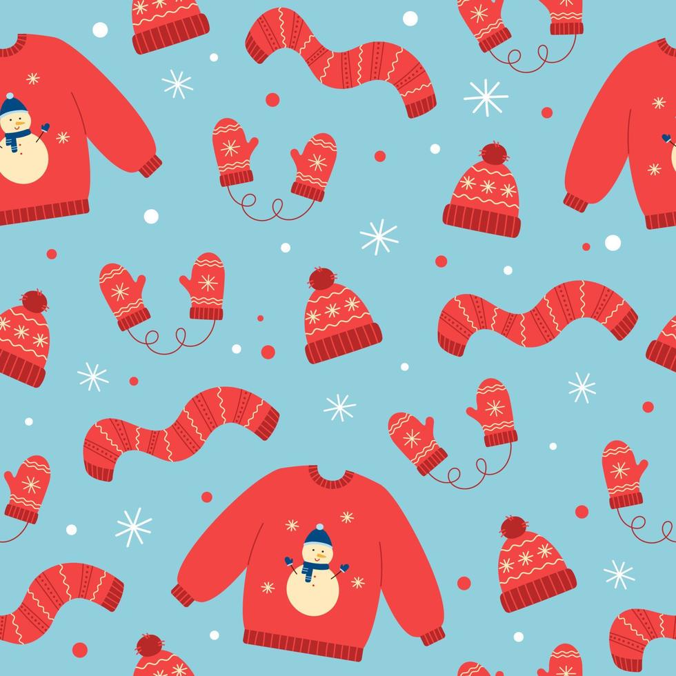 patrón sin fisuras de gorro de invierno rojo, guantes, bufanda y suéter. elementos de invierno sobre fondo azul. estilo doodle vector