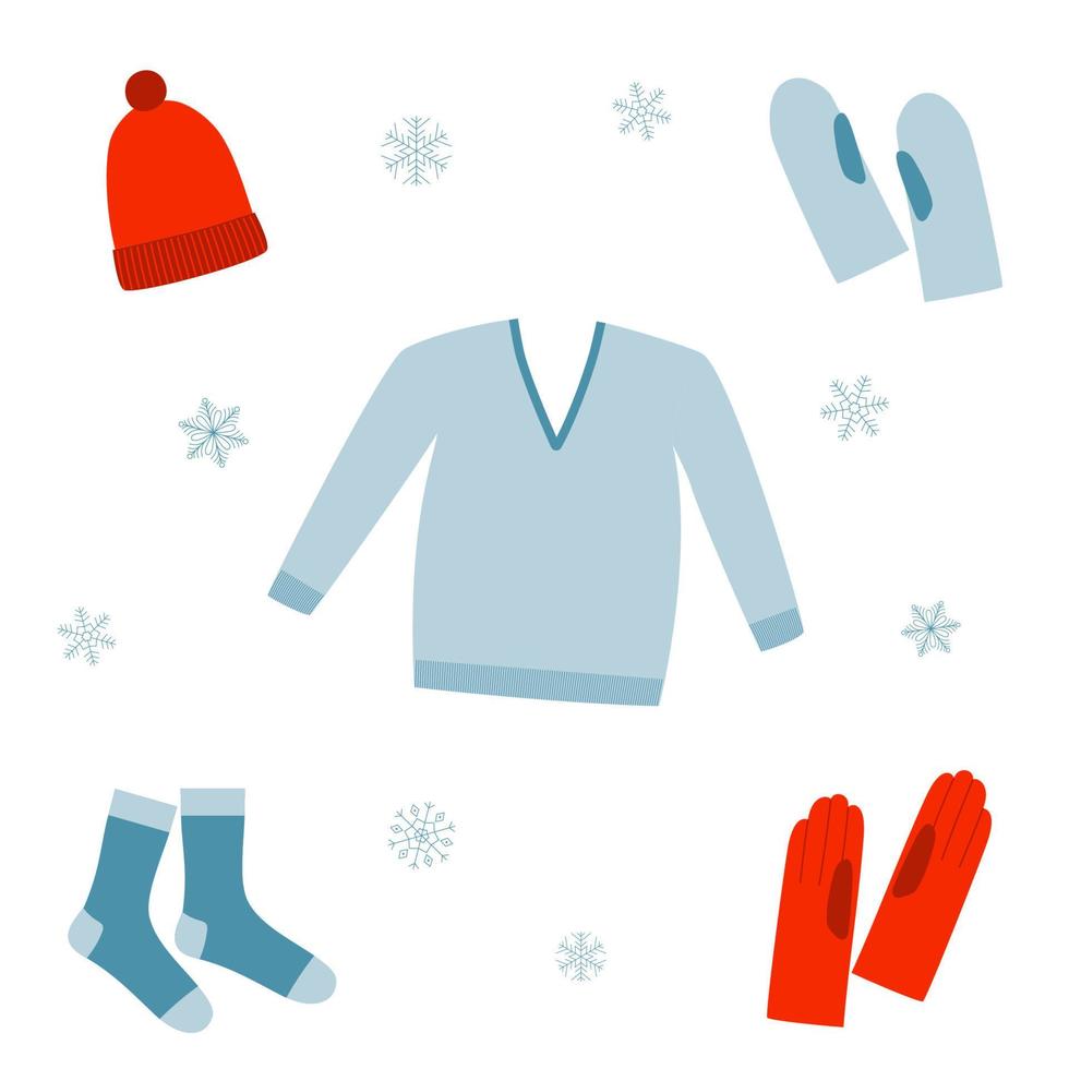 Set of winter clothes. Sweater, gloves, hat and socks. Doodle style. Flat design. vector