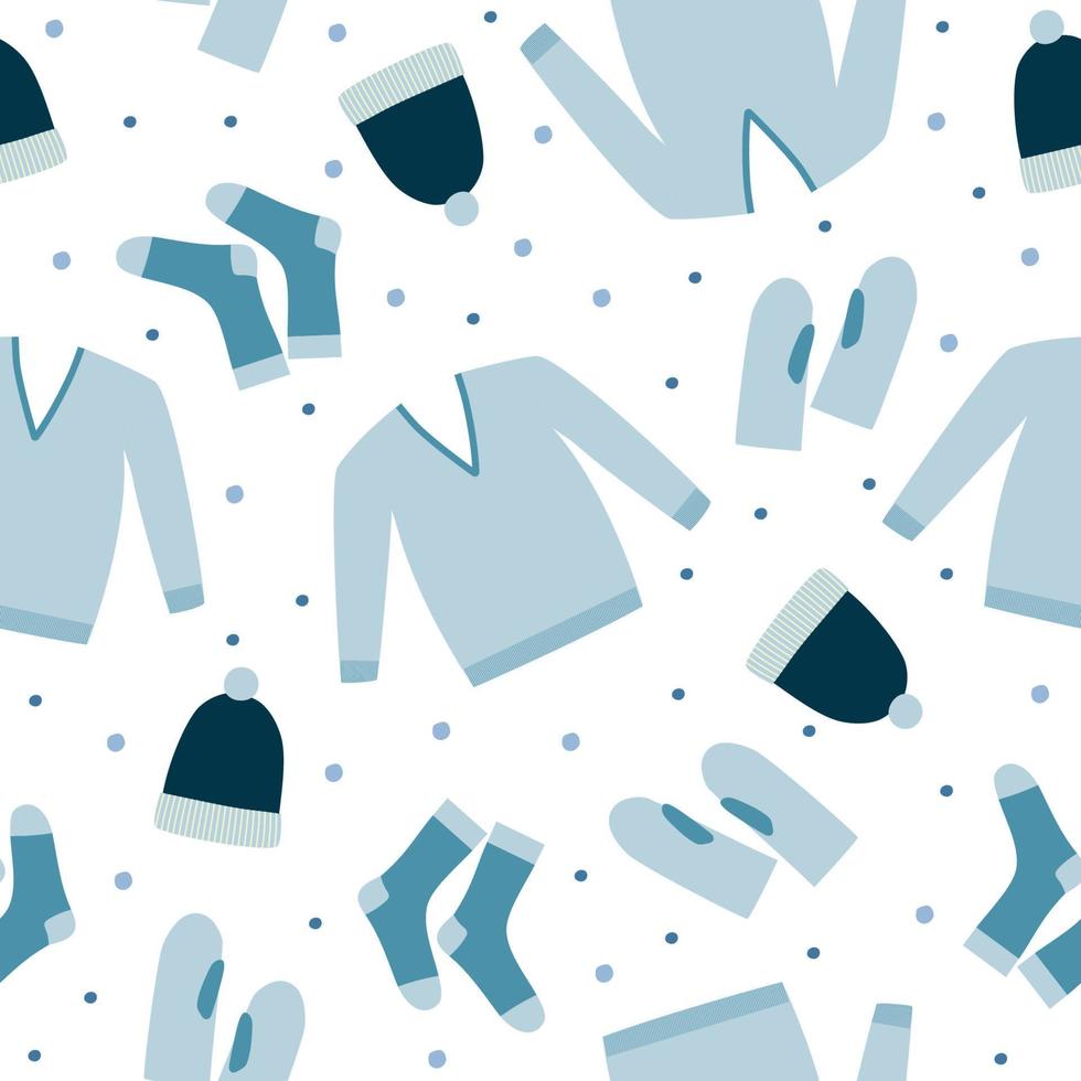 Seamless pattern of winter clothes. Sweater, mittens, hat and socks. Doodle style. Flat design. vector