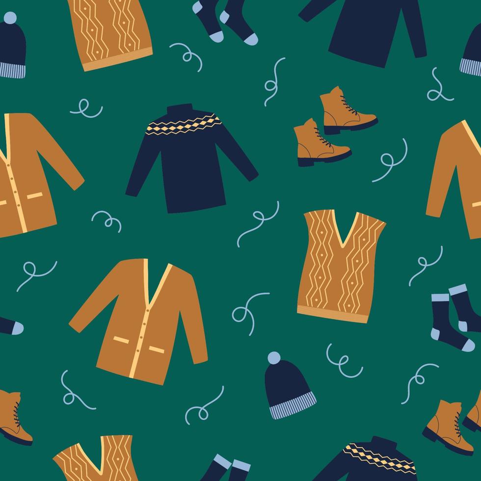 Seamless pattern winter clothes. Blue sweater, boots, socks, waistcoat and cardigan on green background. Doodle style. vector